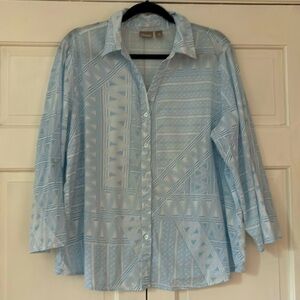 Chico’s Size 3‎ 3/4 Sleeve Lightweight Button Down Blouse Blue White Chicos XL